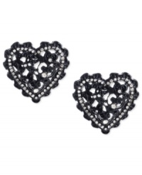 Listen to your heart. This pair of stud earrings from Betsey Johnson evoke a classic feel with its filigree pattern. Crafted from black-plated mixed metal with glass crystal accents adding a lustrous touch. Approximate drop: 3/4 inch. Listen to your heart. This pair of stud earrings from Betsey Johnson evoke a classic feel with its filigree pattern. Crafted from black-plated mixed metal with glass crystal accents adding a lustrous touch. Approximate drop: 3/4 inch.