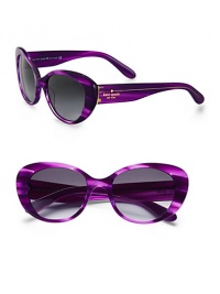 Retro-inspired acetate frames in playful prints and chic, wide temples. Available in black-cream with grey gradient lens or purple with grey gradient lens. Logo temples100% UV protectionImported
