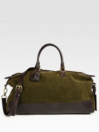 Large suede carryall with top handles, removable shoulder strap and an enforced leather bottom, perfect for last minute trips and weekend getaways.Zip closureDouble top handlesRemovable shoulder strapInterior pocketSuede20W x 12H x 8DImported Large suede carryall with top handles, removable shoulder strap and an enforced leather bottom, perfect for last minute trips and weekend getaways.Zip closureDouble top handlesRemovable shoulder strapInterior pocketSuede20W x 12H x 8DImported