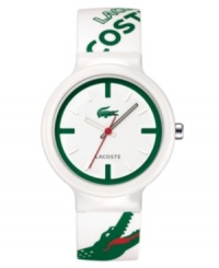 The classic croc logo of Lacoste makes a splashy appearance on this men's and women's watch. White and green alligator logo design silicone strap. Round white plastic case and round white dial with logo and stick indices. Quartz movement. Water resistant to 30 meters. Two-year limited warranty. The classic croc logo of Lacoste makes a splashy appearance on this men's and women's watch. White and green alligator logo design silicone strap. Round white plastic case and round white dial with logo and stick indices. Quartz movement. Water resistant to 30 meters. Two-year limited warranty.