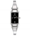 Accessorize with your flair for the dramatic. Elegant watch by Bulova crafted of stainless steel bangle bracelet and rectangular case. Black dial features applied silver tone stick indices at three, six and nine o'clock, logo at twelve o'clock and two hands. Quartz movement. Water resistant to 30 meters. Three-year limited warranty.