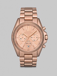 A classic design with technical appeal in the warmth of rose goldtone plating. Quartz movementWater resistant to 10 ATMRound rose goldtone stainless steel case, 43mm (1.7) Smooth bezelRose goldtone dialBar and roman numeral hour markersDate display at 6 o'clockSecond hand Stainless steel link braceletImported A classic design with technical appeal in the warmth of rose goldtone plating. Quartz movementWater resistant to 10 ATMRound rose goldtone stainless steel case, 43mm (1.7) Smooth bezelRose goldtone dialBar and roman numeral hour markersDate display at 6 o'clockSecond hand Stainless steel link braceletImported