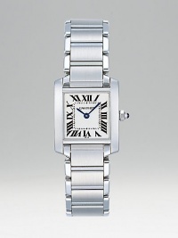 Stainless steel crown set with synthetic cabachon-shaped spinal has silver grained dial and stainless steel bracelet. Black steel hands Case, 25mm X 20mm, 0.98 X 0.79 Case depth, 6.5mm, 0.25 Roman numerals, markers Cartier caliber 057 quartz movement Water-resistant to 100 feet Strap width, 15mm, 0.59 Made in Switzerland Stainless steel crown set with synthetic cabachon-shaped spinal has silver grained dial and stainless steel bracelet. Black steel hands Case, 25mm X 20mm, 0.98 X 0.79 Case depth, 6.5mm, 0.25 Roman numerals, markers Cartier caliber 057 quartz movement Water-resistant to 100 feet Strap width, 15mm, 0.59 Made in Switzerland