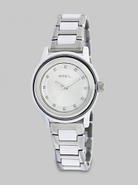From the Orchestra Collection. Add a little sparkle with this Swarovski crystal accented timepiece. Quartz movementWater resistant to 10 ATMRound polycarbonate case, 40.5mm (1.6) Smooth stainless steel bezelSilver dialSwarovski crystal hour markersStainless steel and polycarbonate link braceletImported From the Orchestra Collection. Add a little sparkle with this Swarovski crystal accented timepiece. Quartz movementWater resistant to 10 ATMRound polycarbonate case, 40.5mm (1.6) Smooth stainless steel bezelSilver dialSwarovski crystal hour markersStainless steel and polycarbonate link braceletImported