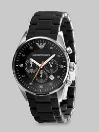 A timeless look with a modern touch, designed in solid stainless steel with three-eye chronograph functionality and a silicon-wrapped bracelet Quartz movement Water-resistant to 5ATM/50m Stainless steel case, 43mm, 1.69 Silicon bracelet, 23mm wide, .91 Black dial Date display Imported A timeless look with a modern touch, designed in solid stainless steel with three-eye chronograph functionality and a silicon-wrapped bracelet Quartz movement Water-resistant to 5ATM/50m Stainless steel case, 43mm, 1.69 Silicon bracelet, 23mm wide, .91 Black dial Date display Imported