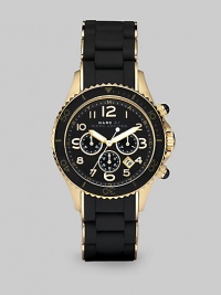 Make a statement in this technical timepiece with a rose goldtone ion-plated case, enamel accents and silicone wrapped link bracelet. Quartz movementWater resistant to 5 ATMRound rose goldtone ion-plated stainless steel case, 40mm (1.6)Black decorative bezelBlack chronograph dialNumeric hour markersDate display between 4 and 5 o'clockSecond hand Rose goldtone ion-plated and black silicone wrapped stainless steel link braceletImported Make a statement in this technical timepiece with a rose goldtone ion-plated case, enamel accents and silicone wrapped link bracelet. Quartz movementWater resistant to 5 ATMRound rose goldtone ion-plated stainless steel case, 40mm (1.6)Black decorative bezelBlack chronograph dialNumeric hour markersDate display between 4 and 5 o'clockSecond hand Rose goldtone ion-plated and black silicone wrapped stainless steel link braceletImported