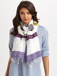 A lightweight, gauzy style with a colorful multi-stripe print. 85% cotton/15% acrylicAbout 80 X 24Hand wash or dry cleanImported A lightweight, gauzy style with a colorful multi-stripe print. 85% cotton/15% acrylicAbout 80 X 24Hand wash or dry cleanImported
