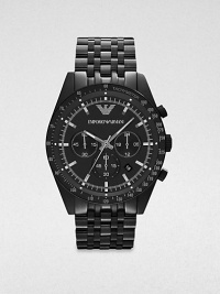 A technical timepiece in handsome black ion-plated stainless steel. Quartz movementWater resistant to 5 ATMRound black ion-plated stainless steel case, 46mm (1.8) Tachymeter bezelBlack chronograph dialBar hour markersDate display between 4 and 5 o'clockSecond hand Black ion-plated stainless steel link braceletImported A technical timepiece in handsome black ion-plated stainless steel. Quartz movementWater resistant to 5 ATMRound black ion-plated stainless steel case, 46mm (1.8) Tachymeter bezelBlack chronograph dialBar hour markersDate display between 4 and 5 o'clockSecond hand Black ion-plated stainless steel link braceletImported