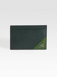 Handsome saffiano leather with metal triangle logo accent. Three card slots Nylon lining 4W X 2¾H Made in Italy Handsome saffiano leather with metal triangle logo accent. Three card slots Nylon lining 4W X 2¾H Made in Italy