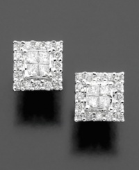 Stunning squares of princess- and round-cut diamonds (1/2 ct. t.w.) make an elegant statement. Stud earrings set in 14k white gold. Stunning squares of princess- and round-cut diamonds (1/2 ct. t.w.) make an elegant statement. Stud earrings set in 14k white gold.