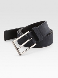A brilliant, logo embossed silver buckle fastens this wardrobe essential of soft suede.SuedeAbout 1 wideImported A brilliant, logo embossed silver buckle fastens this wardrobe essential of soft suede.SuedeAbout 1 wideImported