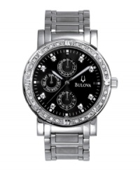 A luxe look that he's bound to love. Features stainless steel bracelet and case, black dial with diamond accent markers, 32 diamond accents along the bezel, day/date function and multifunction movement. Water resistant up to 30 meters. Three-year limited warranty. A luxe look that he's bound to love. Features stainless steel bracelet and case, black dial with diamond accent markers, 32 diamond accents along the bezel, day/date function and multifunction movement. Water resistant up to 30 meters. Three-year limited warranty.