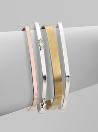 A structured set of square bangles in three different tones, accented with Swarovski crystals. Copper and silverplated brassSwarovski crystalsDiameter, about 2½Slip-on styleMade in USA A structured set of square bangles in three different tones, accented with Swarovski crystals. Copper and silverplated brassSwarovski crystalsDiameter, about 2½Slip-on styleMade in USA