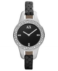 An exotic change of pace from AX Armani Exchange: an alluring timepiece with black leather and Swarovski sparkle. An exotic change of pace from AX Armani Exchange: an alluring timepiece with black leather and Swarovski sparkle.