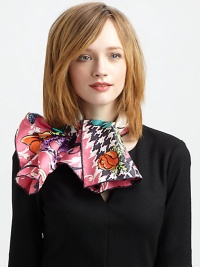 An ultra-feminine, vivid shopping print adds flair to this sumptuous silk wrap.SilkAbout 36 X 36Dry cleanMade in Italy An ultra-feminine, vivid shopping print adds flair to this sumptuous silk wrap.SilkAbout 36 X 36Dry cleanMade in Italy