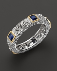 Judith Ripka Sterling Silver and 18K Gold Estate Band Ring with Blue Corundum Judith Ripka Sterling Silver and 18K Gold Estate Band Ring with Blue Corundum