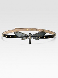 An edgy, leather design embellished with a black plexiglass dragonfly, antique gold studs and adjustable back closure.About 1.6 wideMade in Italy An edgy, leather design embellished with a black plexiglass dragonfly, antique gold studs and adjustable back closure.About 1.6 wideMade in Italy