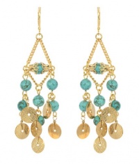 Rachel Reinhardt Kate 14k Gold Plated Elegant Chandelier Dangle Earring with Blue Turquoise and Textured Gold Disk Dangles