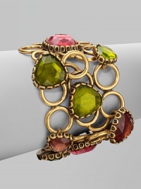 An unique style with brightly colored, hand-poured resin cabochons set atop a fused open ring bracelet. Resin stonesBrass and pewterLength, about 7½Toggle closureMade in USA An unique style with brightly colored, hand-poured resin cabochons set atop a fused open ring bracelet. Resin stonesBrass and pewterLength, about 7½Toggle closureMade in USA