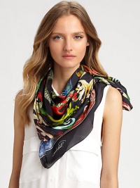 An eye-catching blend of vivid designs and a swirling snake-like print on luxe silk.SilkAbout 28 X 70Dry cleanMade in Italy An eye-catching blend of vivid designs and a swirling snake-like print on luxe silk.SilkAbout 28 X 70Dry cleanMade in Italy
