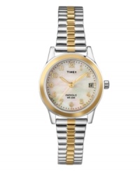 Timex pairs this always classic design with a luminous dial for exquisite effect. Watch crafted of two-tone stainless steel expansion bracelet and round silvertone mixed metal case with goldtone bezel. Mother-of-pearl dial features goldtone numerals and dot markers, printed black minute track, date window at three o'clock, goldtone hands and logo. Quartz movement. Water resistant to 30 meters. One-year limited warranty. Timex pairs this always classic design with a luminous dial for exquisite effect. Watch crafted of two-tone stainless steel expansion bracelet and round silvertone mixed metal case with goldtone bezel. Mother-of-pearl dial features goldtone numerals and dot markers, printed black minute track, date window at three o'clock, goldtone hands and logo. Quartz movement. Water resistant to 30 meters. One-year limited warranty.
