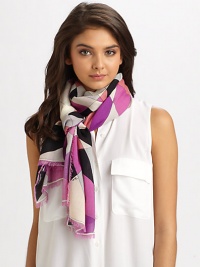 A vibrant, signature Pucci print adorns this lightweight wool wrap with eyelash fringe trim.Wool28 X 71Dry cleanMade in Italy A vibrant, signature Pucci print adorns this lightweight wool wrap with eyelash fringe trim.Wool28 X 71Dry cleanMade in Italy