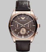 Croc-embossed leather bracelet is crafted with a textured dial, rose gold accents and chronograph functionality.Round bezelQuartz movementThree-eye chronograph functionalityDate functionWater resistant to 5ATMStainless steel case, 43mm(1.69)Croco leather bandSecond handImported