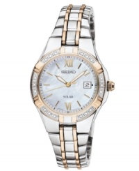 This Solar collection watch from Seiko radiates style with glistening diamond accents. This Solar collection watch from Seiko radiates style with glistening diamond accents.