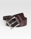 Rich calfskin leather is detailed with double stitching and a silvertone buckle. About 1½ wide Imported