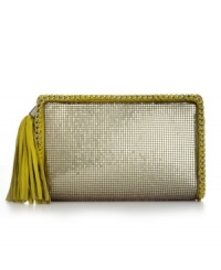 Bring edgy appeal to day or night looks with this compact clutch. Unique whipstitch trim and an all-over mesh will put this look in the style spotlight. Bring edgy appeal to day or night looks with this compact clutch. Unique whipstitch trim and an all-over mesh will put this look in the style spotlight.