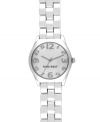 A clean and classic design with a charming twist, by Nine West. Watch crafted of silver tone mixed metal bracelet and round case. Silver tone dial features applied numerals, hour and minute hands, sweeping second hand and logo at six o'clock. Quartz movement. Limited lifetime warranty.