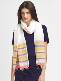 A simply chic design with a multi-stripe border in a gauzy cotton blend. 85% cotton/15% acrylicAbout 28 X 80Dry cleanImported A simply chic design with a multi-stripe border in a gauzy cotton blend. 85% cotton/15% acrylicAbout 28 X 80Dry cleanImported