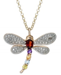 Set your heart aflutter with Victoria Townsend's vibrant dragonfly pendant. Crafted in 18k gold over sterling silver, its wings are rhodium plated, while garnet (5/8 ct. t.w.) and accents in blue topaz, citrine, amethyst and peridot adorn the body. Approximate length: 18 inches. Approximate drop: 1 inch. Set your heart aflutter with Victoria Townsend's vibrant dragonfly pendant. Crafted in 18k gold over sterling silver, its wings are rhodium plated, while garnet (5/8 ct. t.w.) and accents in blue topaz, citrine, amethyst and peridot adorn the body. Approximate length: 18 inches. Approximate drop: 1 inch.