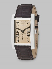 Light amber dial on large rectangular stainless steel case with crocodile-embossed leather strap. Quartz movement Roman numeral markers Second hand Imported Light amber dial on large rectangular stainless steel case with crocodile-embossed leather strap. Quartz movement Roman numeral markers Second hand Imported