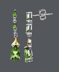Cascading elegance and a hint of sparkle, too. These exquisite drops feature pear and marquise-cut peridot with sparkling diamond accents. Earrings crafted in sterling silver with a hint of 14k gold. Approximate drop: 1 inch. Cascading elegance and a hint of sparkle, too. These exquisite drops feature pear and marquise-cut peridot with sparkling diamond accents. Earrings crafted in sterling silver with a hint of 14k gold. Approximate drop: 1 inch.