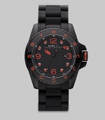 In basic black and vivid orange, a sporty watch that promises to make a statement.QuartzWater-resistant to 5 ATMRound case; 45mm (1.8)Black dial with orange aluminum detailsNumbers and markersDate display at 3 o'clockSecond handStainless steel with silicone wrap strapMade in Japan