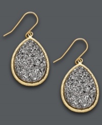 Subtle shimmer and shine. These exquisite teardrop-shaped earrings features a grey druzy center set in 14k gold. Approximate drop length: 7/8 inch. Approximate drop width: 5/8 inch. Subtle shimmer and shine. These exquisite teardrop-shaped earrings features a grey druzy center set in 14k gold. Approximate drop length: 7/8 inch. Approximate drop width: 5/8 inch.