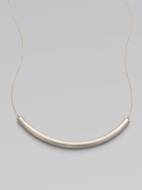 Eye-catching in its elegant simplicity, a gracefully curved, matte-finished silver bar appears to float on a delicate golden chain.SilverplatedGoldtoneLength, about 18Hook claspMade in USA Eye-catching in its elegant simplicity, a gracefully curved, matte-finished silver bar appears to float on a delicate golden chain.SilverplatedGoldtoneLength, about 18Hook claspMade in USA