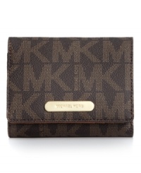 Signature style takes center stage with this monogram wallet from MICHAEL Michael Kors. Rich Saffiano leather is accented with golden hardware, while the pocket-lined interior stashes essentials with ease. Signature style takes center stage with this monogram wallet from MICHAEL Michael Kors. Rich Saffiano leather is accented with golden hardware, while the pocket-lined interior stashes essentials with ease.