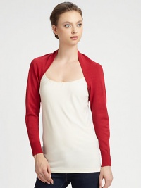 An open-front, long-sleeved knit design in a bold hue.Open frontLong cuffed sleevesAbout 10 from shoulder to hem80% rayon/20% nylonDry cleanImported An open-front, long-sleeved knit design in a bold hue.Open frontLong cuffed sleevesAbout 10 from shoulder to hem80% rayon/20% nylonDry cleanImported