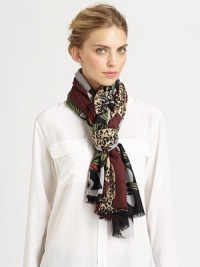 An artistic leopard and forest print adorns a woven, sumptuous cashmere wrap.CashmereAbout 36 X 80Dry cleanImported An artistic leopard and forest print adorns a woven, sumptuous cashmere wrap.CashmereAbout 36 X 80Dry cleanImported