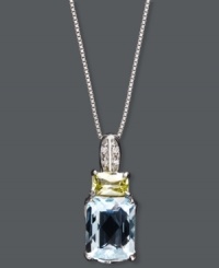 A subtle mix of color creates the perfect palette. This petite pendant combines emerald cushion-cut blue topaz (5-1/2 ct. t.w.) and rectangular-cut peridot (5/8 ct. t.w.) with sparkling diamond accents at the bail. Setting and chain crafted in sterling silver. Approximate length: 18 inches. Approximate drop: 3/4 inch. A subtle mix of color creates the perfect palette. This petite pendant combines emerald cushion-cut blue topaz (5-1/2 ct. t.w.) and rectangular-cut peridot (5/8 ct. t.w.) with sparkling diamond accents at the bail. Setting and chain crafted in sterling silver. Approximate length: 18 inches. Approximate drop: 3/4 inch.