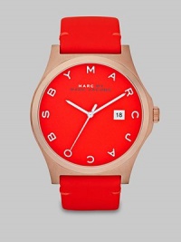 This warm and bold style features a brushed case and supple leather strap. Quartz movementWater resistant to 5 ATMRound rose goldtone brushed stainless steel case, 43mm (1.7)Brushed bezelCoral dialLogo hour markersDate display at 3 o'clockSecond hand Semi-shiny coral colored leather strapImported This warm and bold style features a brushed case and supple leather strap. Quartz movementWater resistant to 5 ATMRound rose goldtone brushed stainless steel case, 43mm (1.7)Brushed bezelCoral dialLogo hour markersDate display at 3 o'clockSecond hand Semi-shiny coral colored leather strapImported