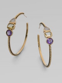 This simply chic design features faceted rose quartz, yellow quartz and amethyst stones set in a bead bronze hoop. Rose quartz, yellow quartz and amethystBronzeLength, about 2Post backMade in USA This simply chic design features faceted rose quartz, yellow quartz and amethyst stones set in a bead bronze hoop. Rose quartz, yellow quartz and amethystBronzeLength, about 2Post backMade in USA