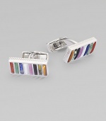 Rhodium-plated sterling silver set with semi-precious stones define these rectangular cufflinks.Rhodium-plated sterling silverAbout ½ in diam.Made in the United Kingdom