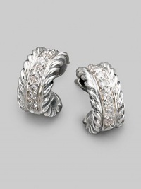 A striking curve of cabled sterling silver, with a center lane of pavé diamonds, gracefully hugs the ear. Diamonds, 0.24 tcw Sterling silver Diameter, about ½ Post back Imported A striking curve of cabled sterling silver, with a center lane of pavé diamonds, gracefully hugs the ear. Diamonds, 0.24 tcw Sterling silver Diameter, about ½ Post back Imported