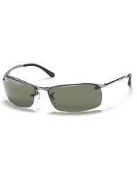 Metal framed sunglasses, bottom half of lenses unframed. Polarized brown lenses offer 100% UV protection. Metal framed sunglasses, bottom half of lenses unframed. Polarized brown lenses offer 100% UV protection.
