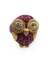 Eyes so big she'll melt your heart. Give an owl a home with RACHEL Rachel Roy's ring crafted from gold-plated mixed metal and purple apoxy with crystal accents. Adjustable sizing; one size fits most. Eyes so big she'll melt your heart. Give an owl a home with RACHEL Rachel Roy's ring crafted from gold-plated mixed metal and purple apoxy with crystal accents. Adjustable sizing; one size fits most.