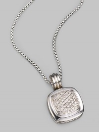 From the Albion Collection. A squared, cushion-shaped pendant of sterling silver and 18kt white gold dazzles with the shimmer of pavé diamonds. Diamonds, 0.806 tcw Sterling silver About ½ square Imported Please note: Necklace sold separately. From the Albion Collection. A squared, cushion-shaped pendant of sterling silver and 18kt white gold dazzles with the shimmer of pavé diamonds. Diamonds, 0.806 tcw Sterling silver About ½ square Imported Please note: Necklace sold separately.