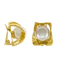 Add a touch of luxury to your look. Majorica earrings feature a white, organic, man-made pearl (10 mm) set in a swirling gold over sterling silver clip on setting. Approximate drop: 1 inch. Add a touch of luxury to your look. Majorica earrings feature a white, organic, man-made pearl (10 mm) set in a swirling gold over sterling silver clip on setting. Approximate drop: 1 inch.